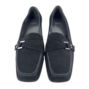 Stuart Weitzman Loafers Pumps Womens Size 7M Black Suede Kitten Heel Buckled NEW